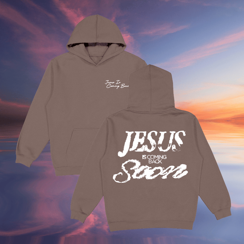 Brown hoodie with 'Jesus is Coming Back Soon' text on a colorful sky background
