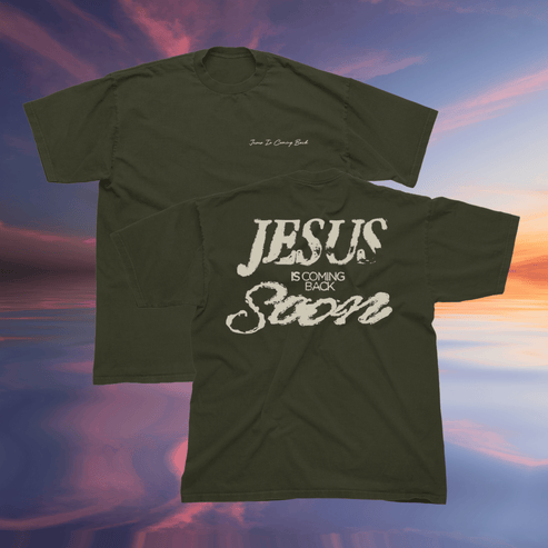 Green t-shirt with 'Jesus is Coming Back Soon' text on a colorful sky background