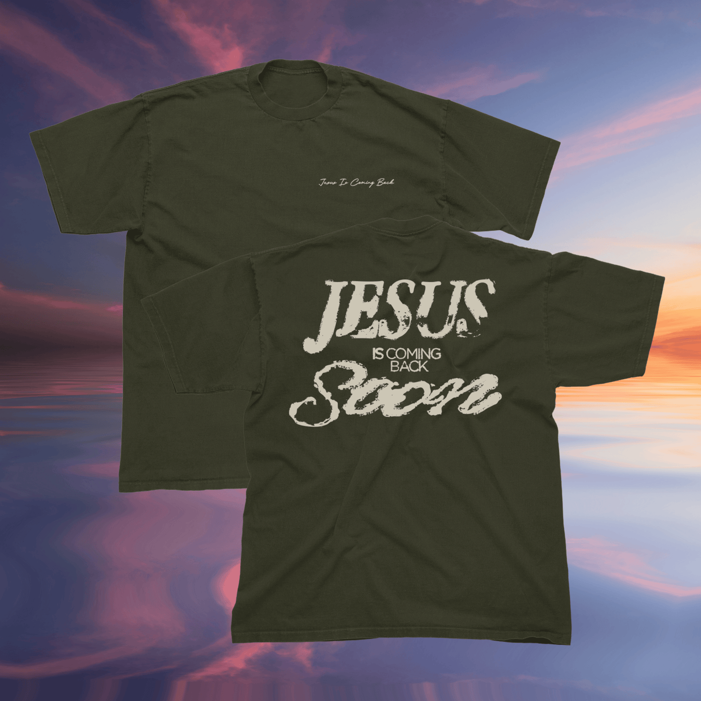 Green t-shirt with 'Jesus is Coming Back Soon' text on a colorful sky background